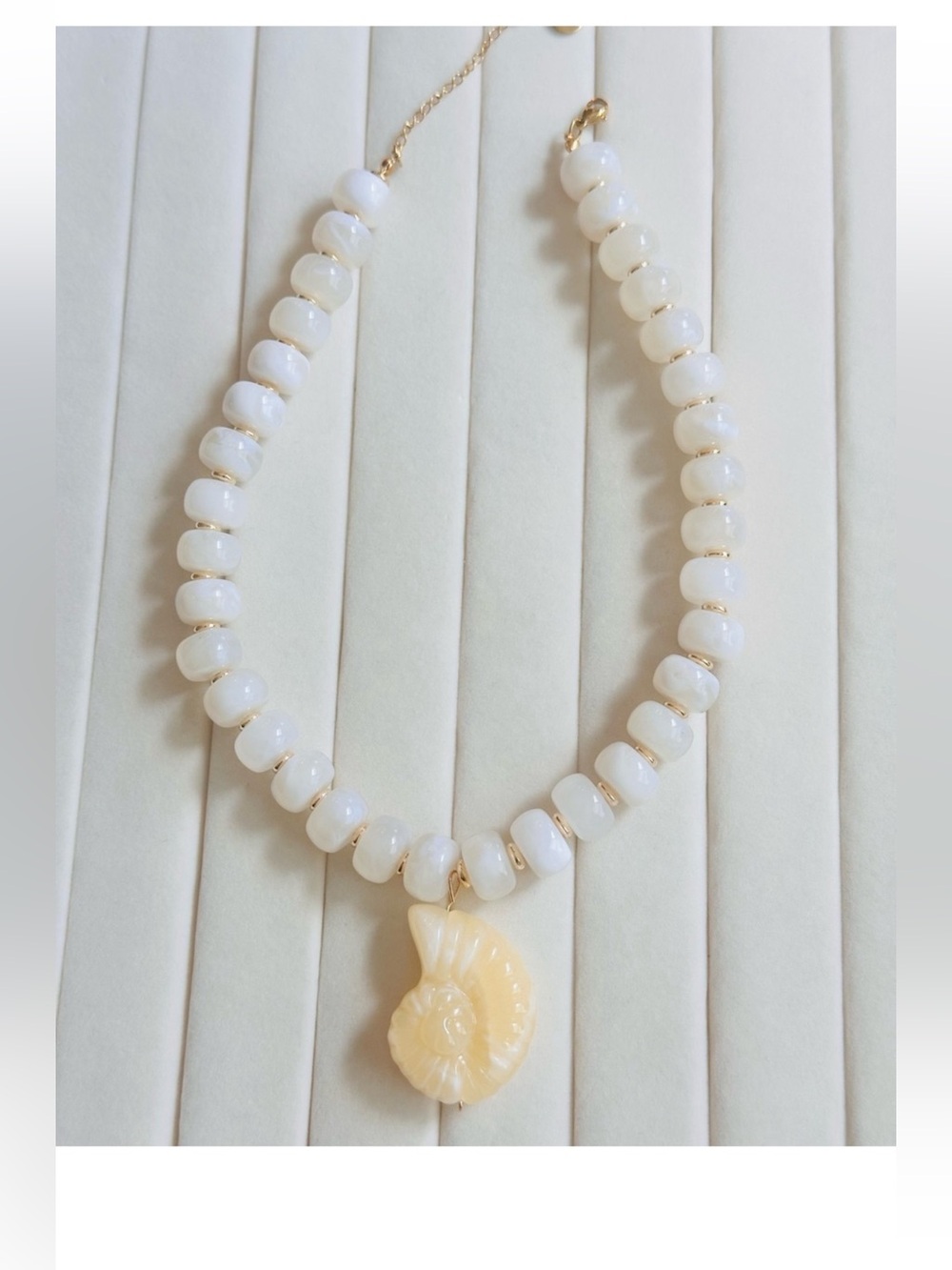 New! White Bead Necklace with Cream Shell Pendant